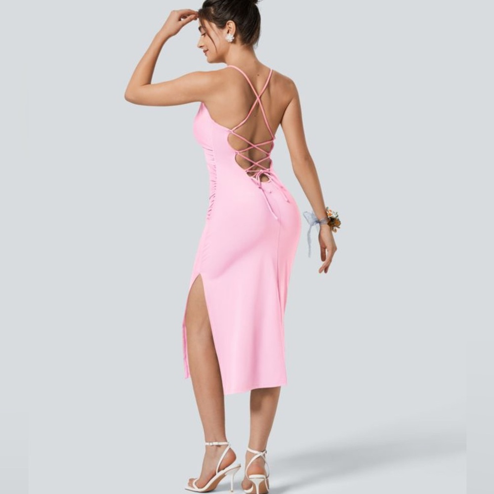 Halara Crossover Ruched Backless Lace Up Split Bodycon Cool Touch Dress Large